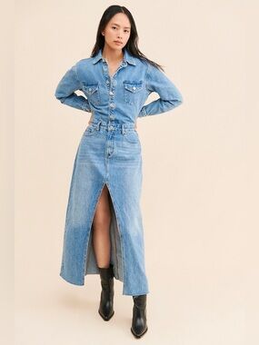 Denim Blue Maxi Dress Jumpsuit - Casual Women’s Long Denim